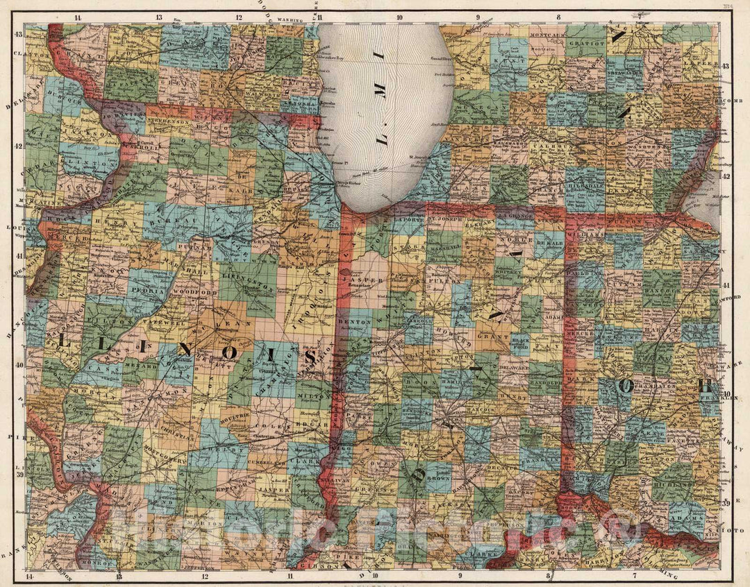 Historic Wall Map : National Atlas - 1852 Illinois, Indiana, Ohio. - Vintage Wall Art