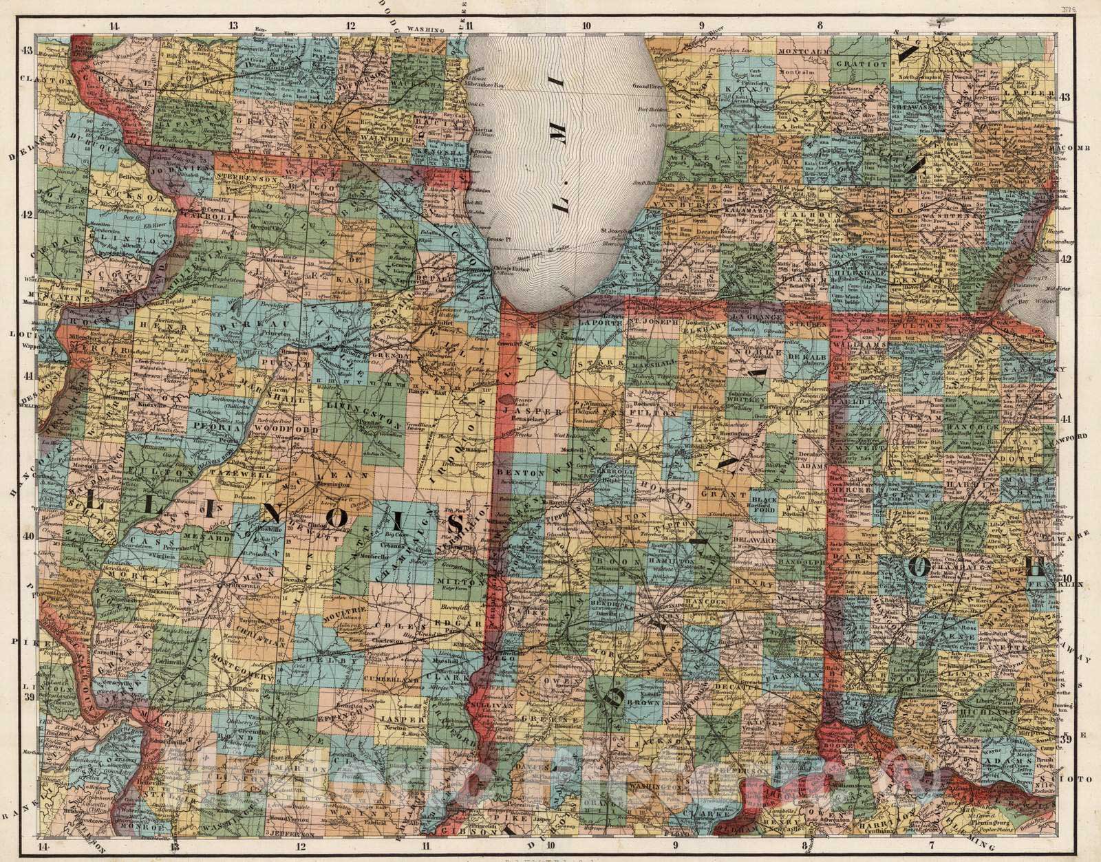 Historic Wall Map : National Atlas - 1852 Illinois, Indiana, Ohio. - Vintage Wall Art