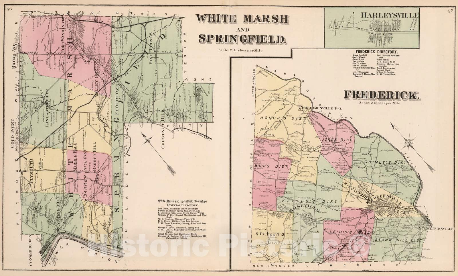 Historic Map : 1871 White Marsh, Springfield and Frederick, Montgomery County, Pennsylvania. Harleysville. - Vintage Wall Art
