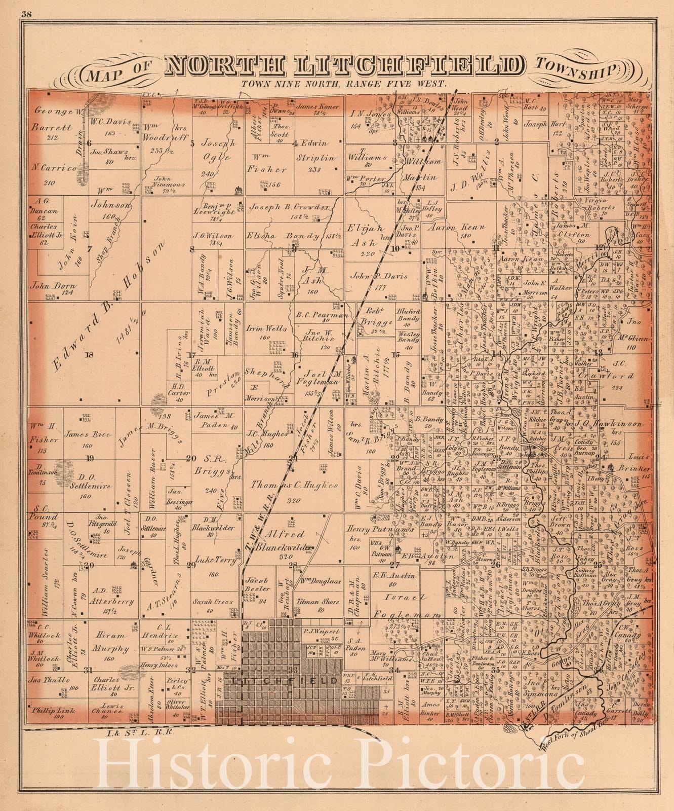 Historic Wall Map : 1874 North Litchfield Township,Montgomery County, Illinois. - Vintage Wall Art