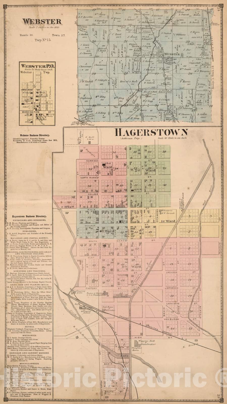 Historic Map : 1874 Webster Township, Wayne County, Indiana. Hagerstown. Webster P.O. - Vintage Wall Art