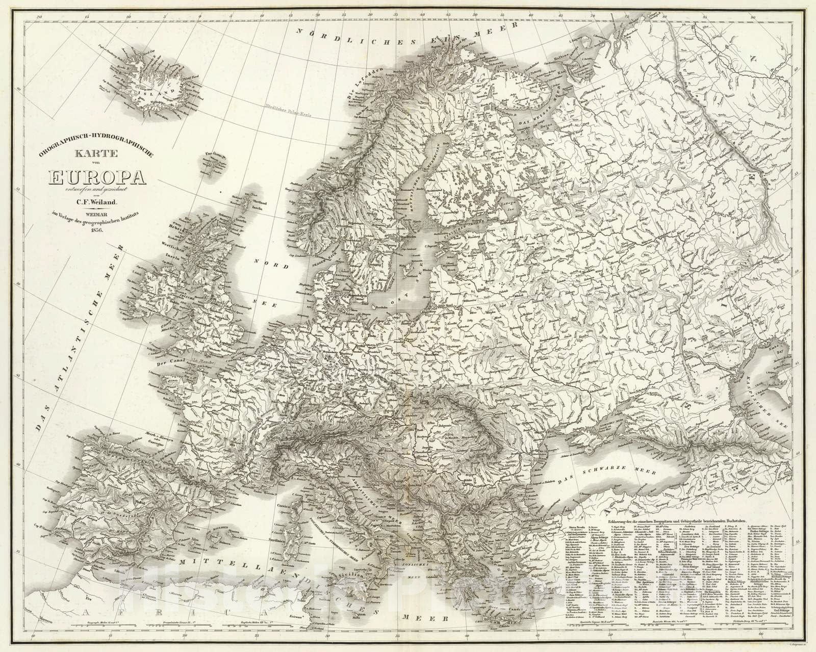 Historic Map : 1856 Orograph. Europa. - Vintage Wall Art