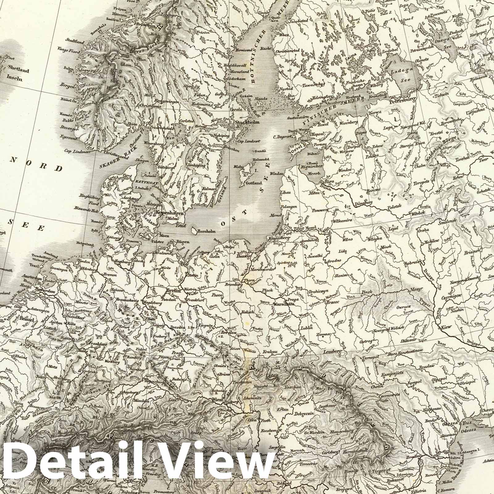 Europe - Physical Map, 1856 - Historical Map Print