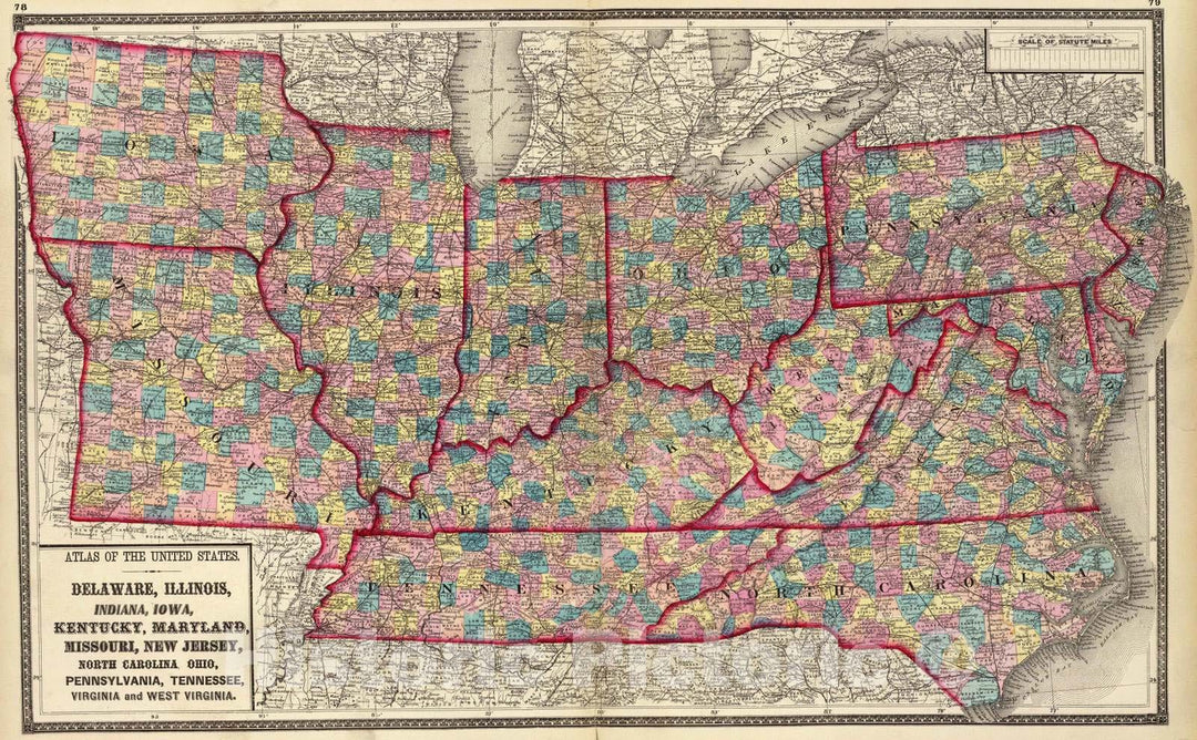 Historic Map : 1872 Delaware, Illinois, Indiana, Iowa North Carolina Tennessee, Virginia. - Vintage Wall Art