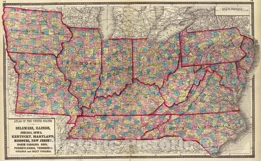 Historic Map : 1872 Delaware, Illinois, Indiana, Iowa North Carolina Tennessee, Virginia. - Vintage Wall Art