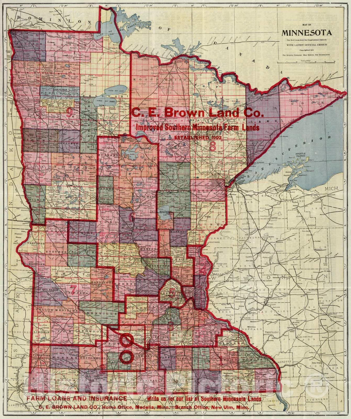 Historic Map : 1915 Map of Minnesota - Vintage Wall Art