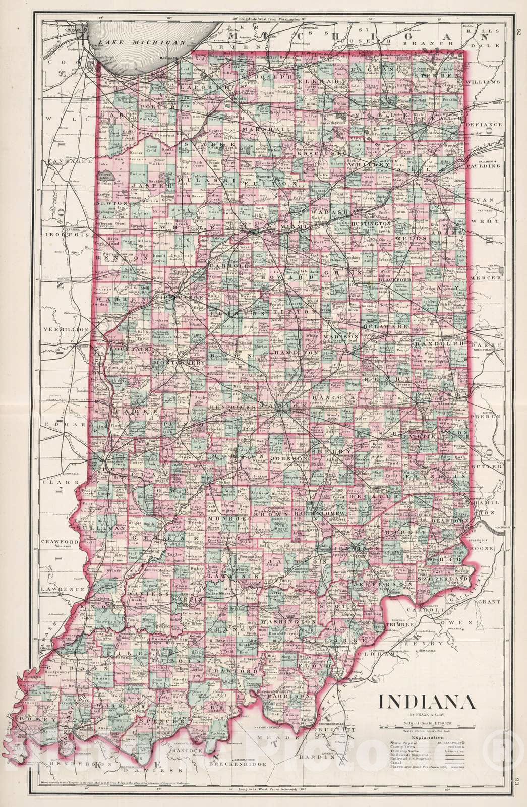 Historic Map : 1878 Indiana. - Vintage Wall Art