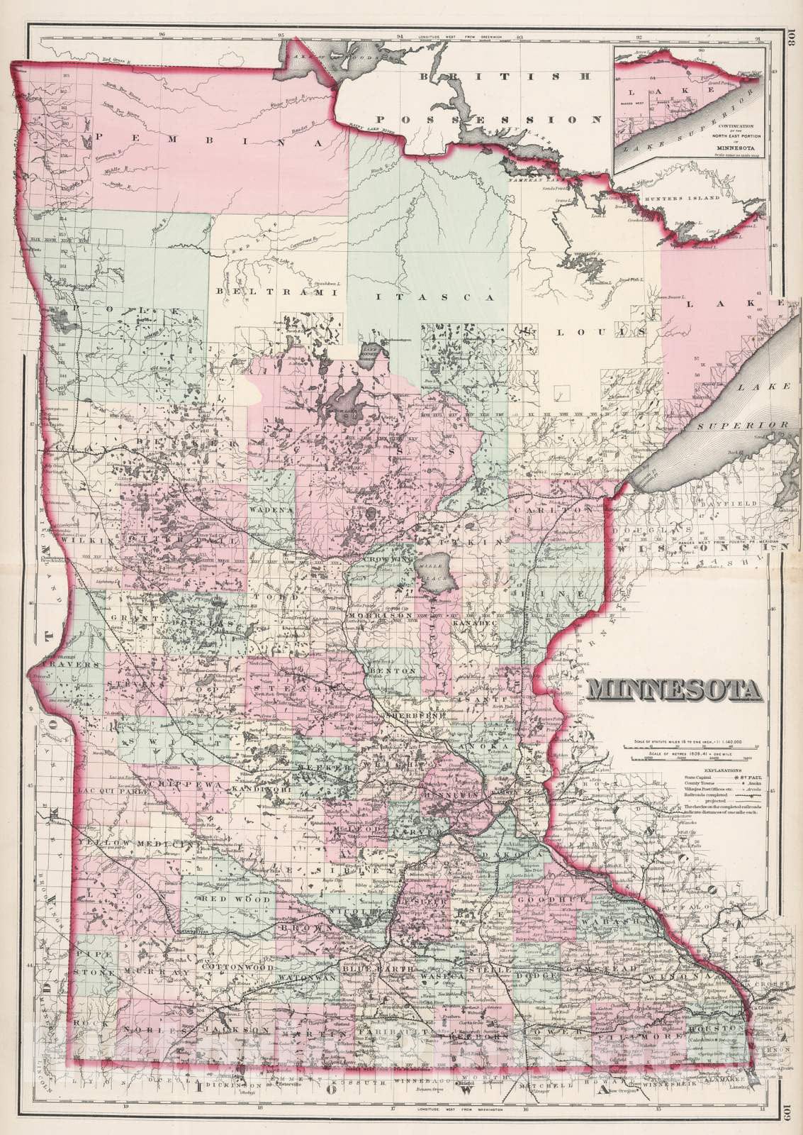 Historic Wall Map : 1878 Minnesota. - Vintage Wall Art