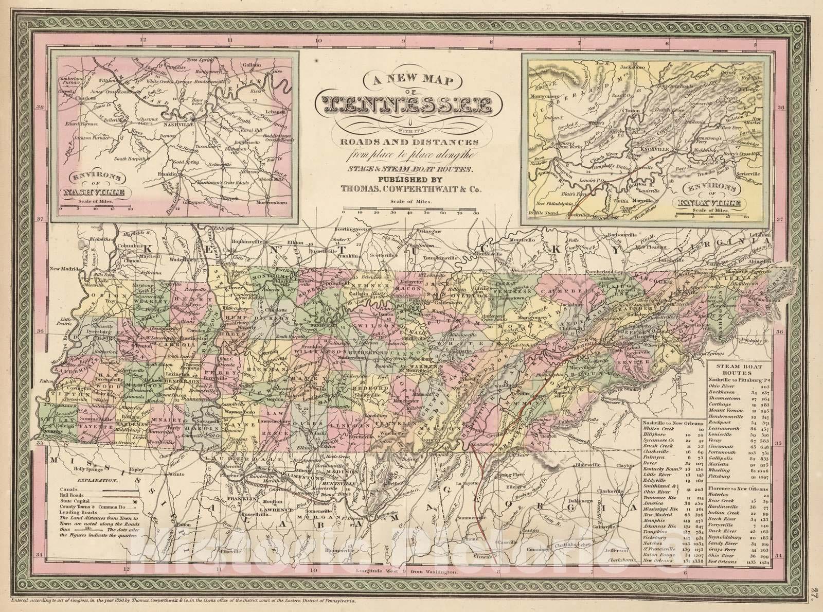 Historic Map : 1853 A New Map of Tennessee - Vintage Wall Art