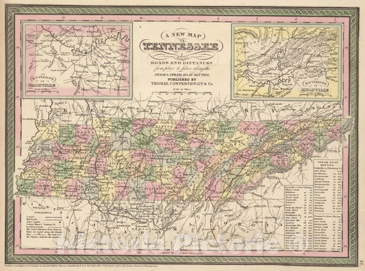 Historic Map : 1853 A New Map of Tennessee - Vintage Wall Art