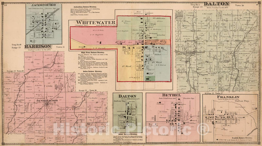 Historic Map : 1874 Jacksonburgh, Whitewater, Dalton, Bethel, and Franklin. Dalton and Harrison Township, Wayne County, Indiana. - Vintage Wall Art