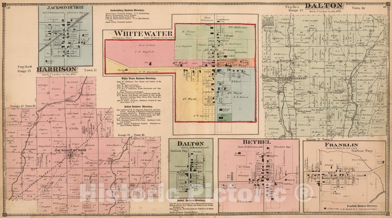Historic Map : 1874 Jacksonburgh, Whitewater, Dalton, Bethel, and Franklin. Dalton and Harrison Township, Wayne County, Indiana. - Vintage Wall Art