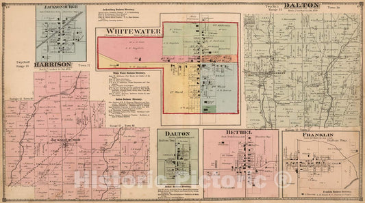 Historic Map : 1874 Jacksonburgh, Whitewater, Dalton, Bethel, and Franklin. Dalton and Harrison Township, Wayne County, Indiana. - Vintage Wall Art