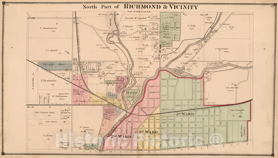 Historic Map : 1874 North Part of Richmond & Vicinity, Wayne County, Indiana. - Vintage Wall Art