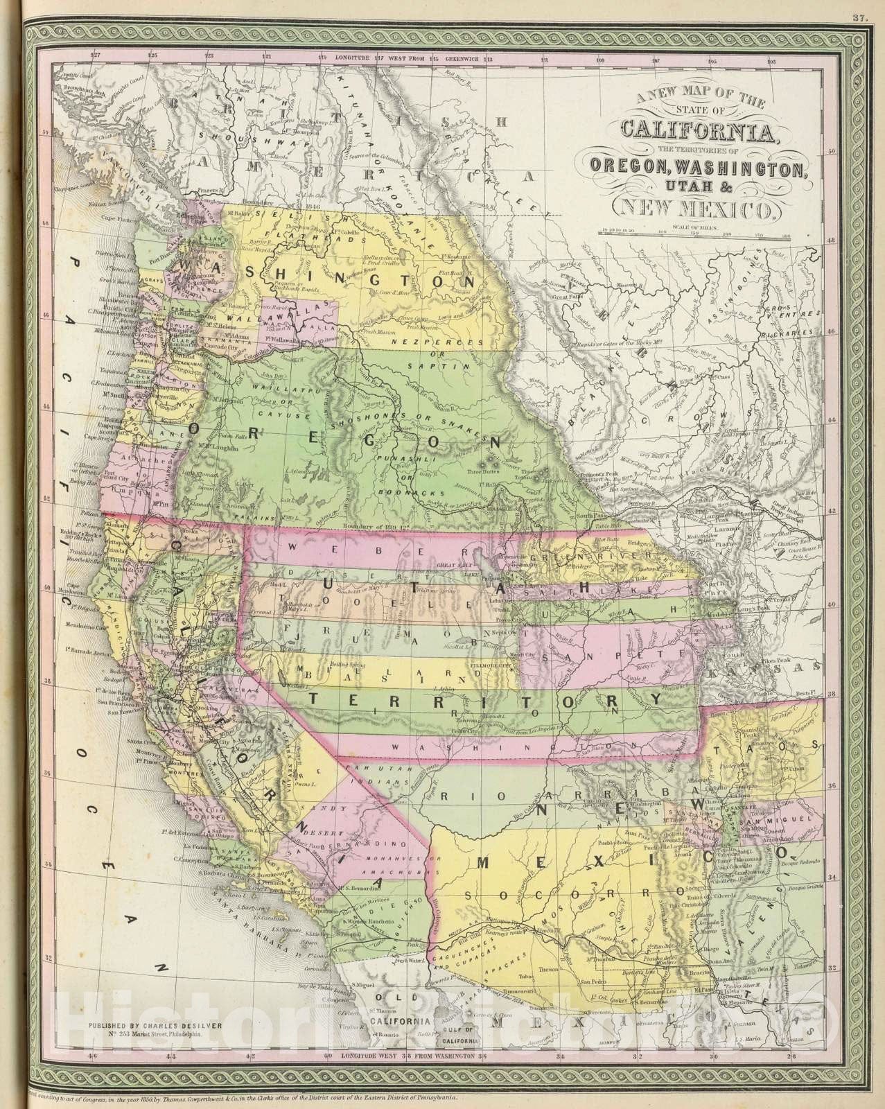 Historic Map : 1856 California, Oregon, Washington, Utah, New Mexico. - Vintage Wall Art