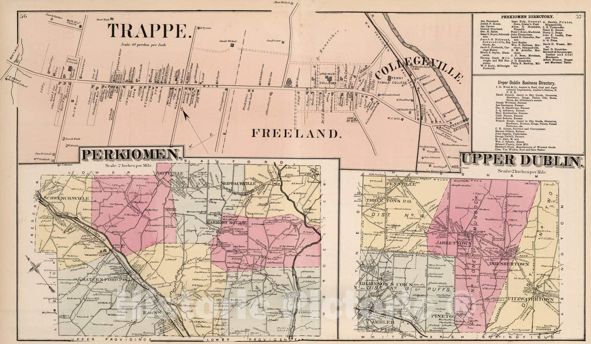Historic Map : 1871 Perkiomen and Upper Dublin, Montgomery County, Pennsylvania. Trappe. Freehand. Collegeville. - Vintage Wall Art