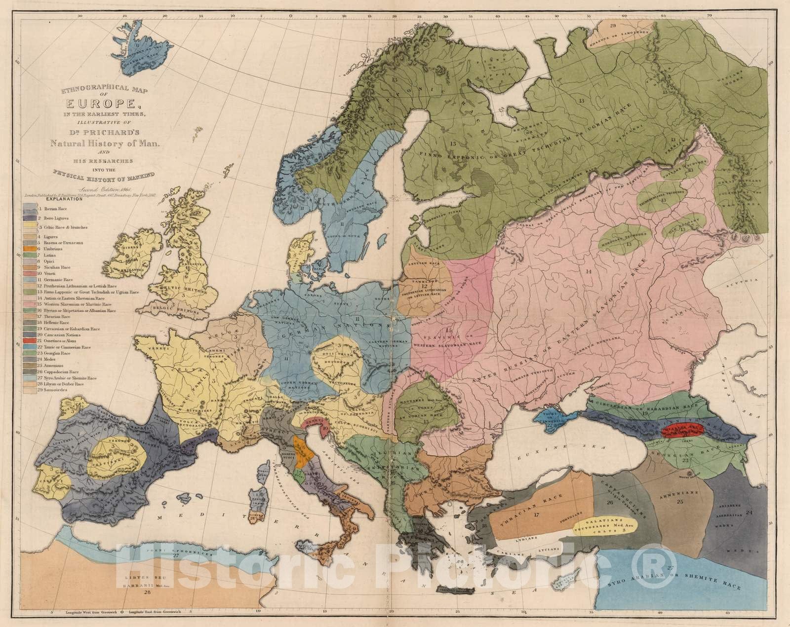 Historic Map : 1861 Ethnographical Map of Europe, in The Earliest Times. - Vintage Wall Art