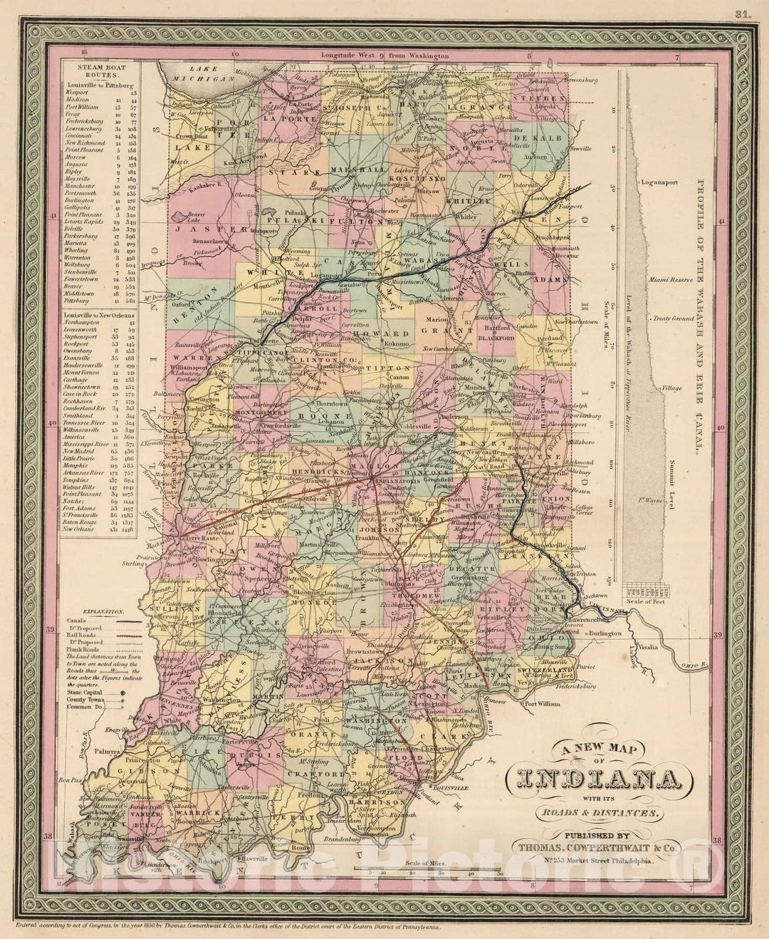 Historic Map : 1853 A New Map of Indiana - Vintage Wall Art