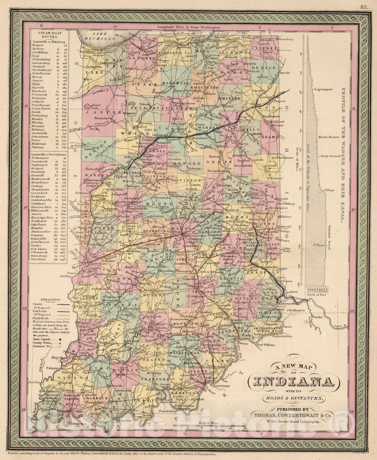 Historic Map : 1853 A New Map of Indiana - Vintage Wall Art