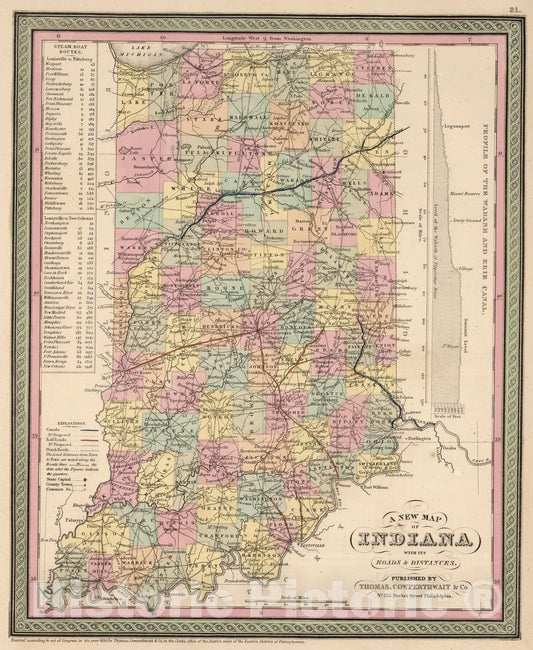 Historic Map : 1853 A New Map of Indiana - Vintage Wall Art