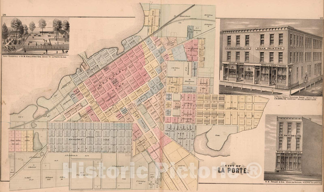Historic Map : 1874 City of La Porte. (View) Farm Residence of D.B. Collins and Business, LaPorte County, Indiana. - Vintage Wall Art