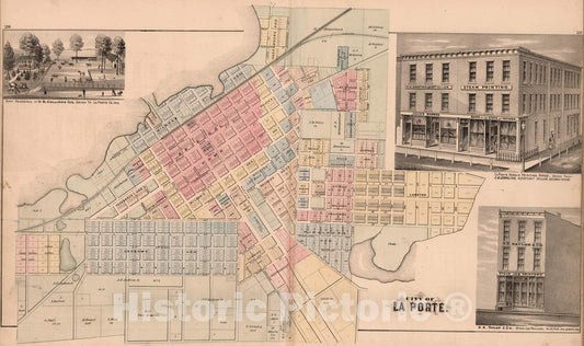 Historic Map : 1874 City of La Porte. (View) Farm Residence of D.B. Collins and Business, LaPorte County, Indiana. - Vintage Wall Art