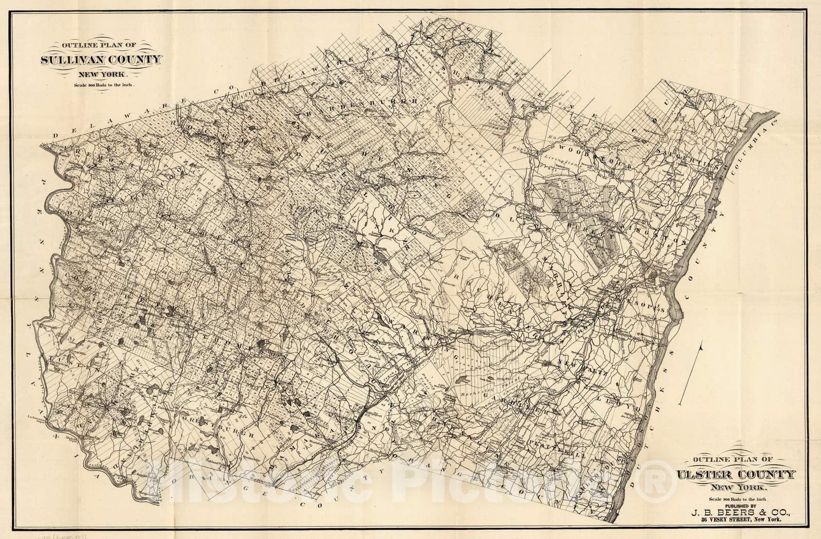 Historic Map : 1880 Sullivan County & Ulster County New York - Vintage Wall Art