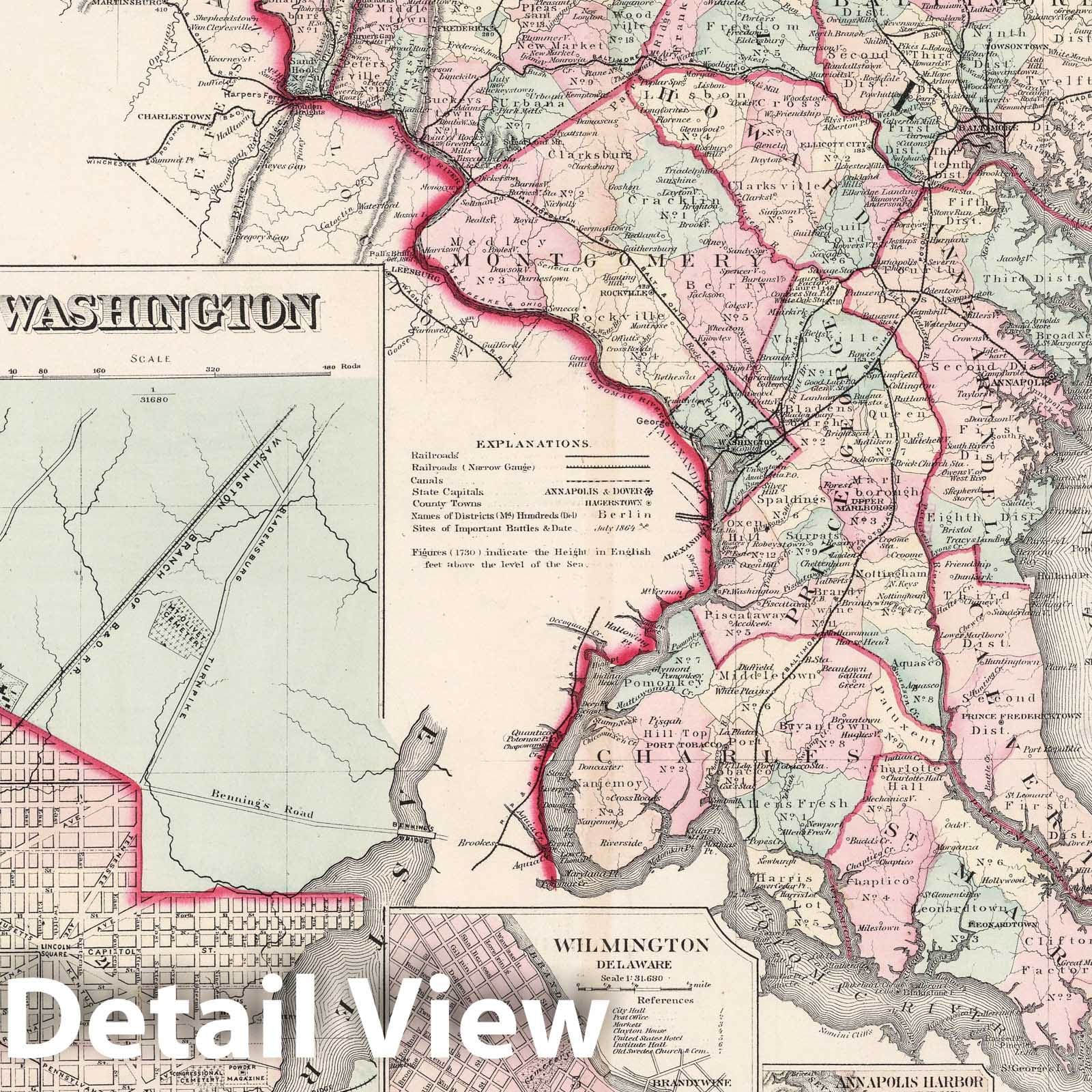 Maryland, Delaware, and Washington D.C. Railroad Map 1878 - Historical Map Print