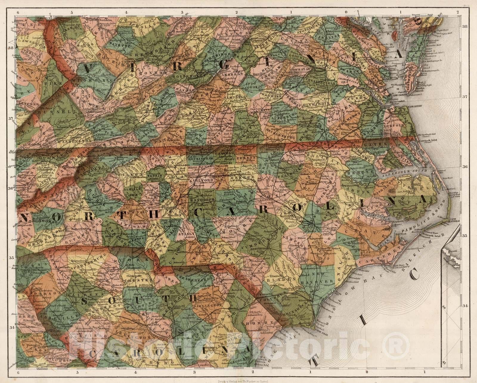Historic Map : National Atlas - 1852 Virginia, North Carolina, South Carolina. - Vintage Wall Art
