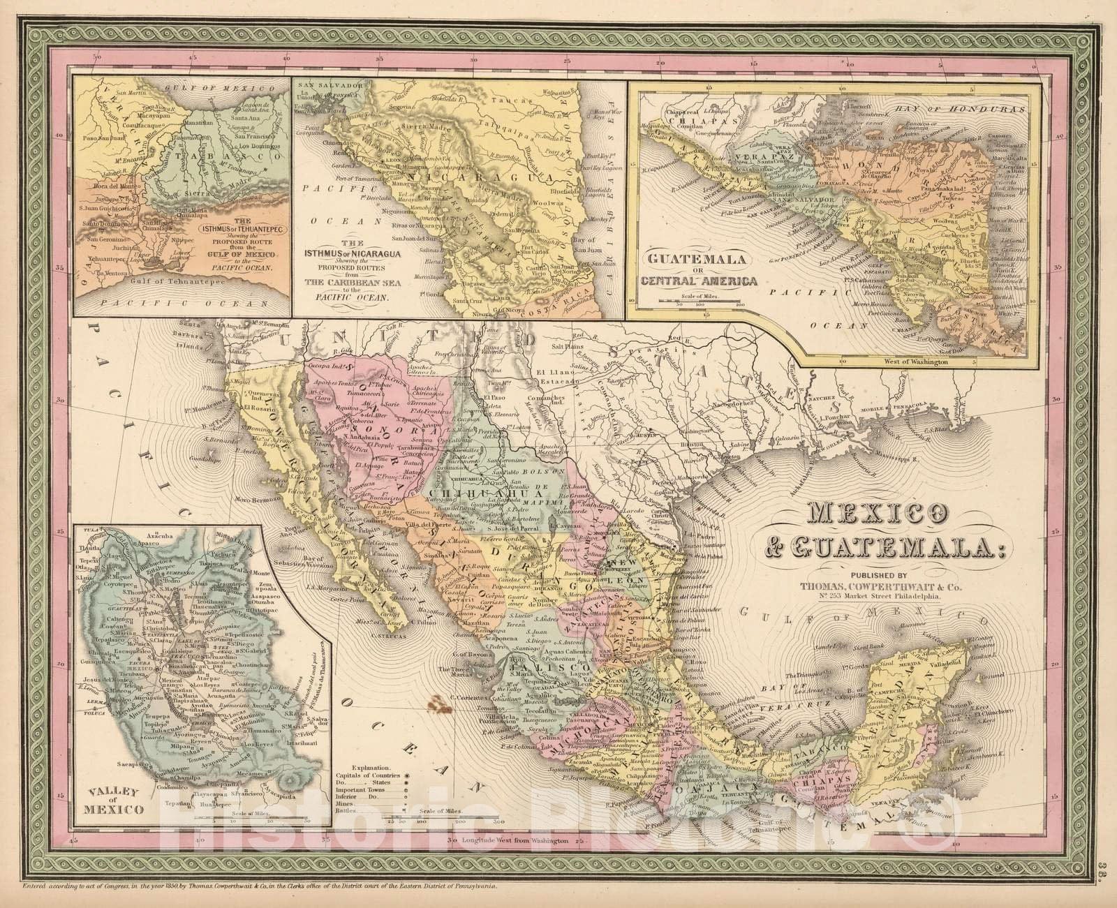 Historic Wall Map : 1853 Mexico and Guatemala - Vintage Wall Art