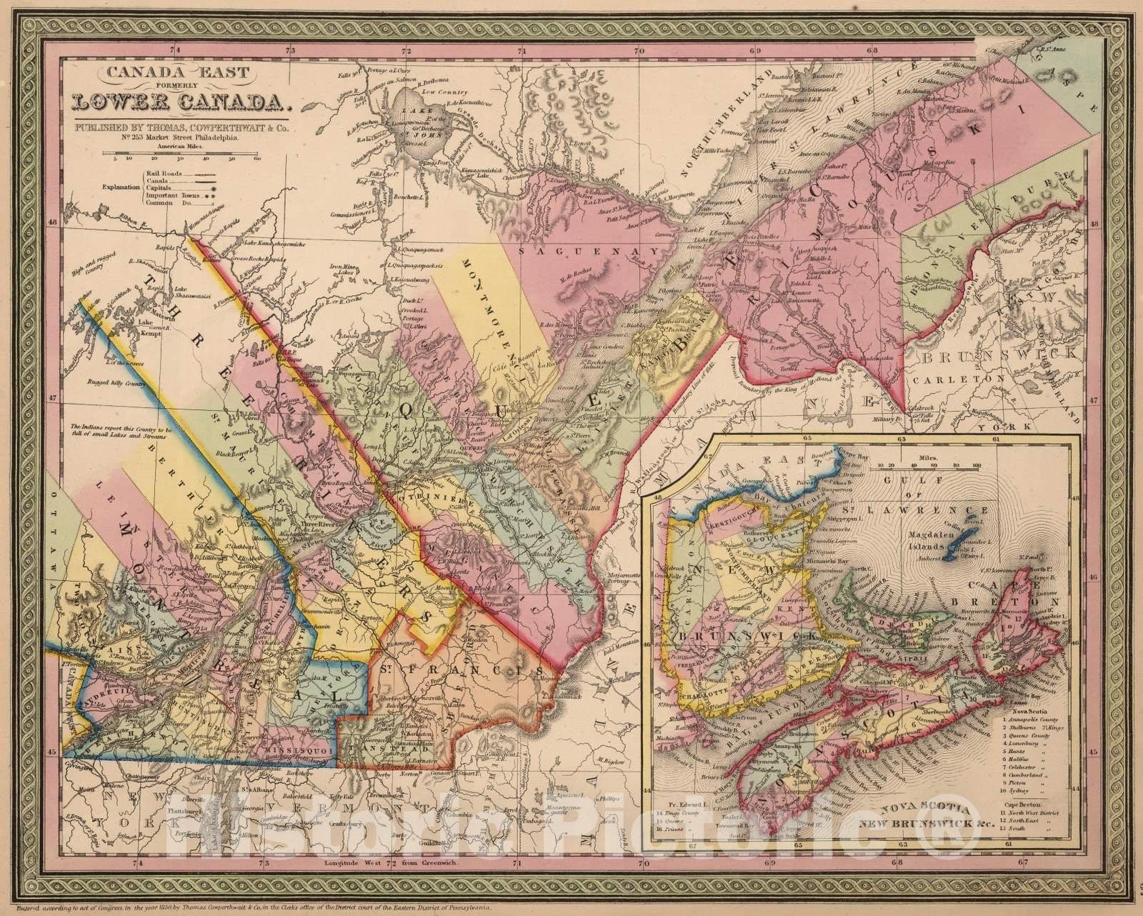 Historic Map : 1853 Canada East, Formerly Lower Canada - Vintage Wall Art