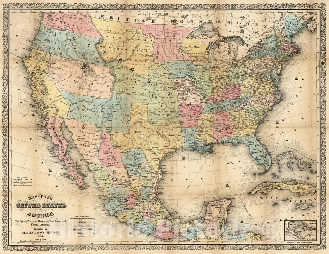 Historic Map : 1854 Map of The United States of America, The British Provinces, Mexico - Vintage Wall Art