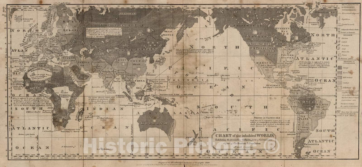 Historic Map : School Atlas - 1821 Chart of The Inhabited World - Vintage Wall Art