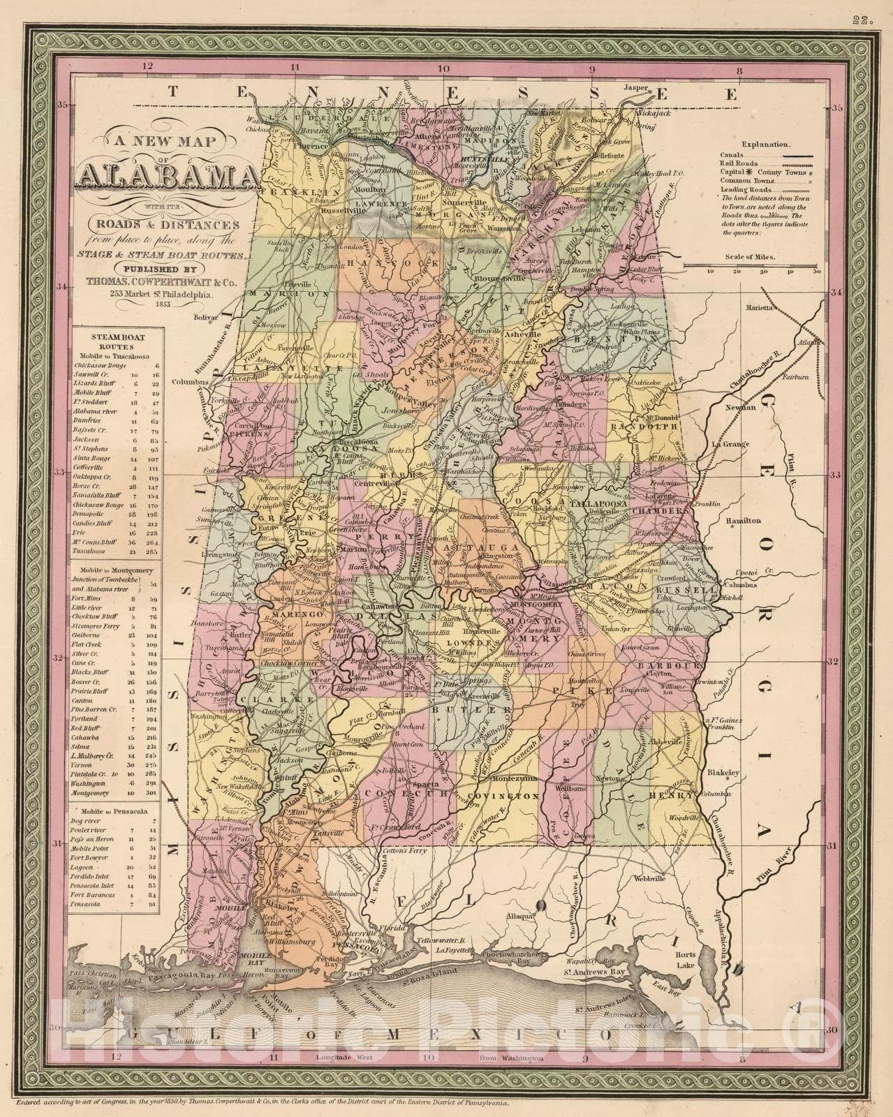 Historic Map : 1853 A New Map of Alabama - Vintage Wall Art