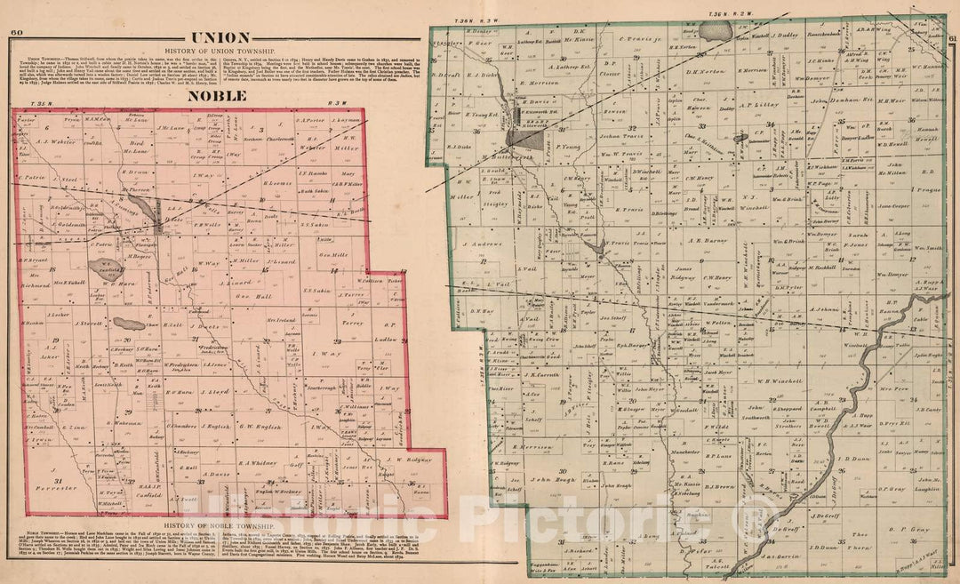 Historic Map : 1874 Union and Noble Townships, Laporte County, Indiana. - Vintage Wall Art