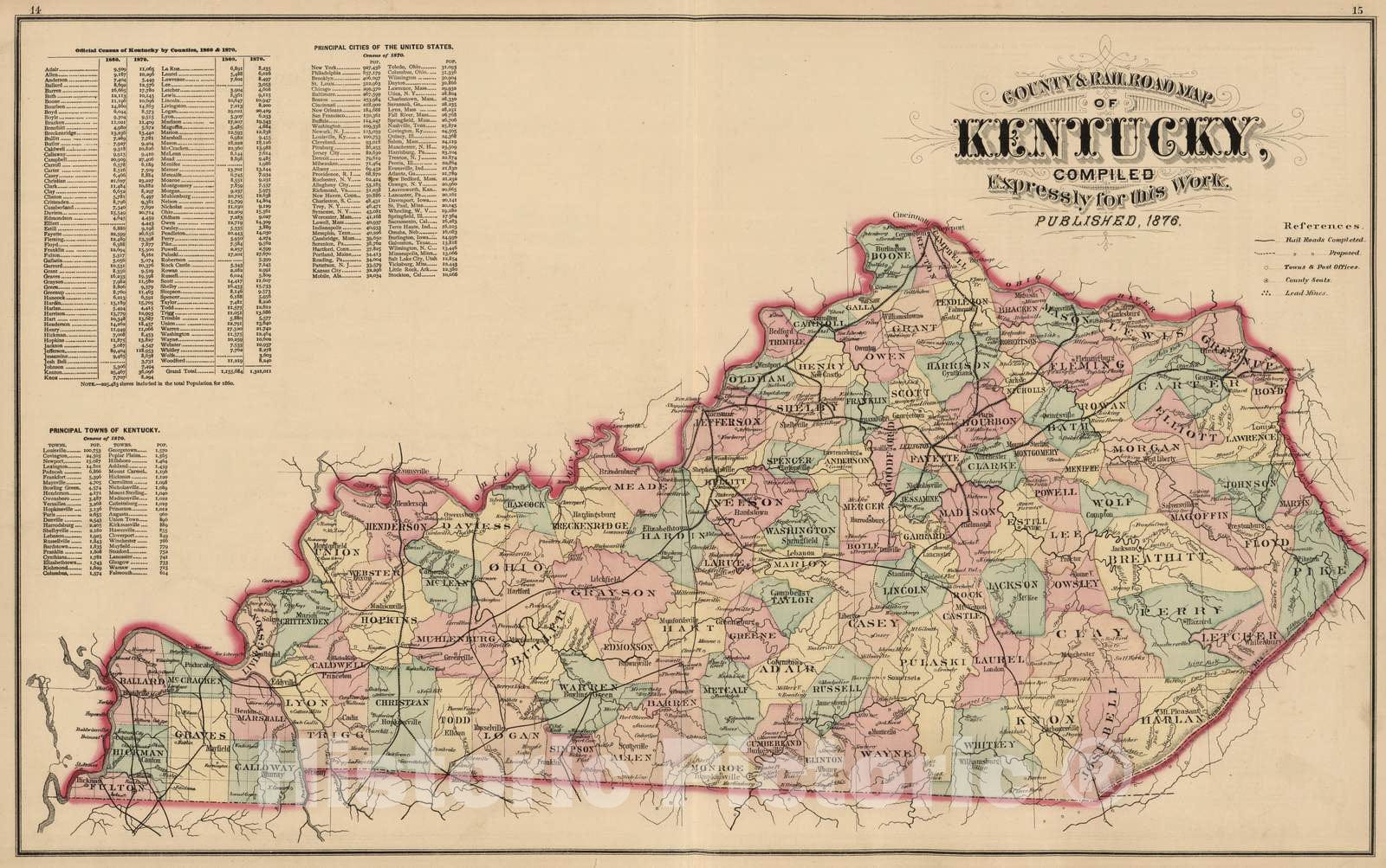 Historic Wall Map : 1876 County and Road Map of Kentucky. - Vintage Wall Art