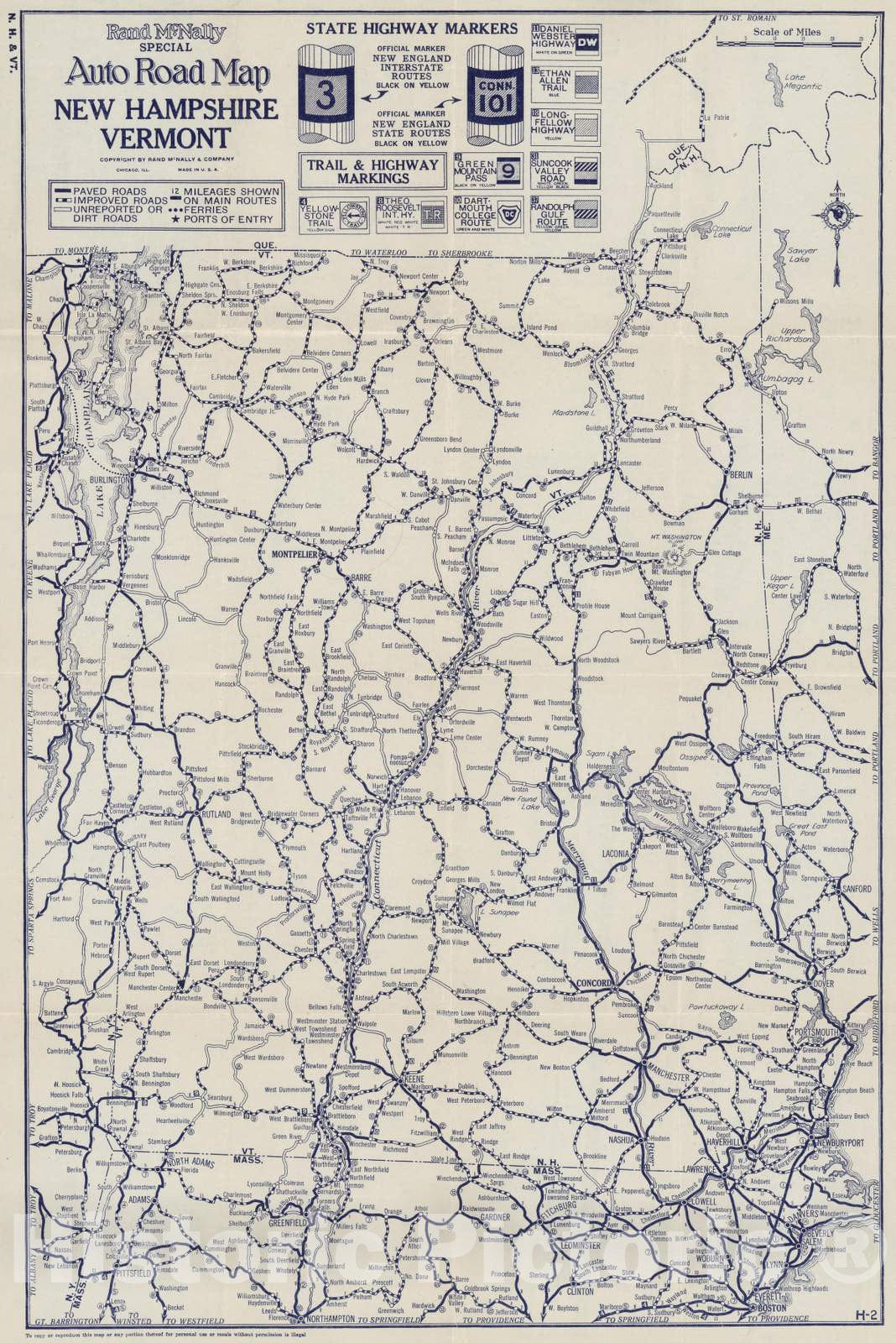 Historic Map : 1926 Auto Road Map New Hampshire, Vermont - Vintage Wall Art