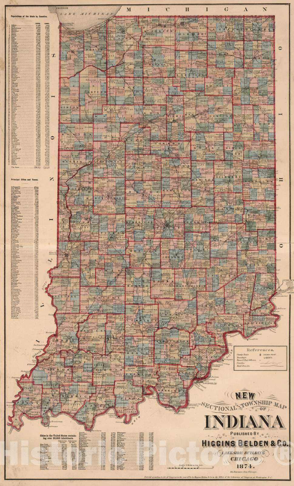 Historic Map : 1874 New Sectional and Township Map of Indiana. v2 - Vintage Wall Art