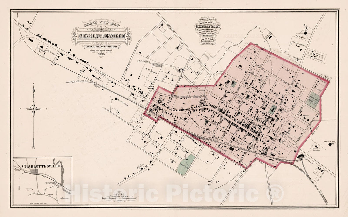 Historic Map : 1877 Charlottesville,Virginia. - Vintage Wall Art