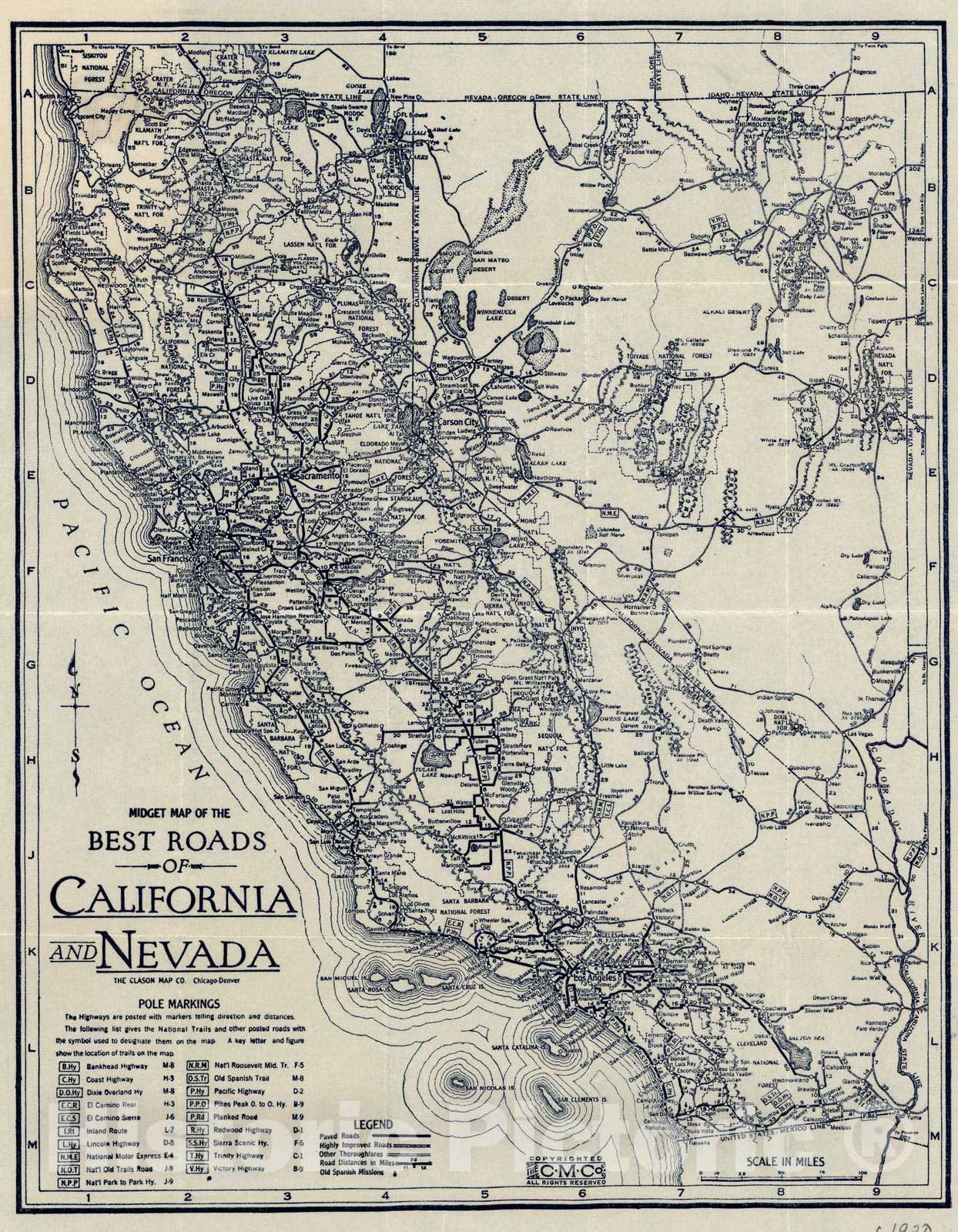 Historic Map : 1920 Roads of California and Nevada. - Vintage Wall Art