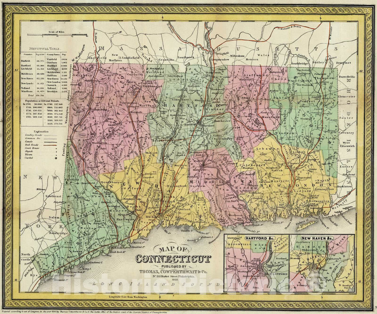Historic Map : 1852 Connecticut - Vintage Wall Art