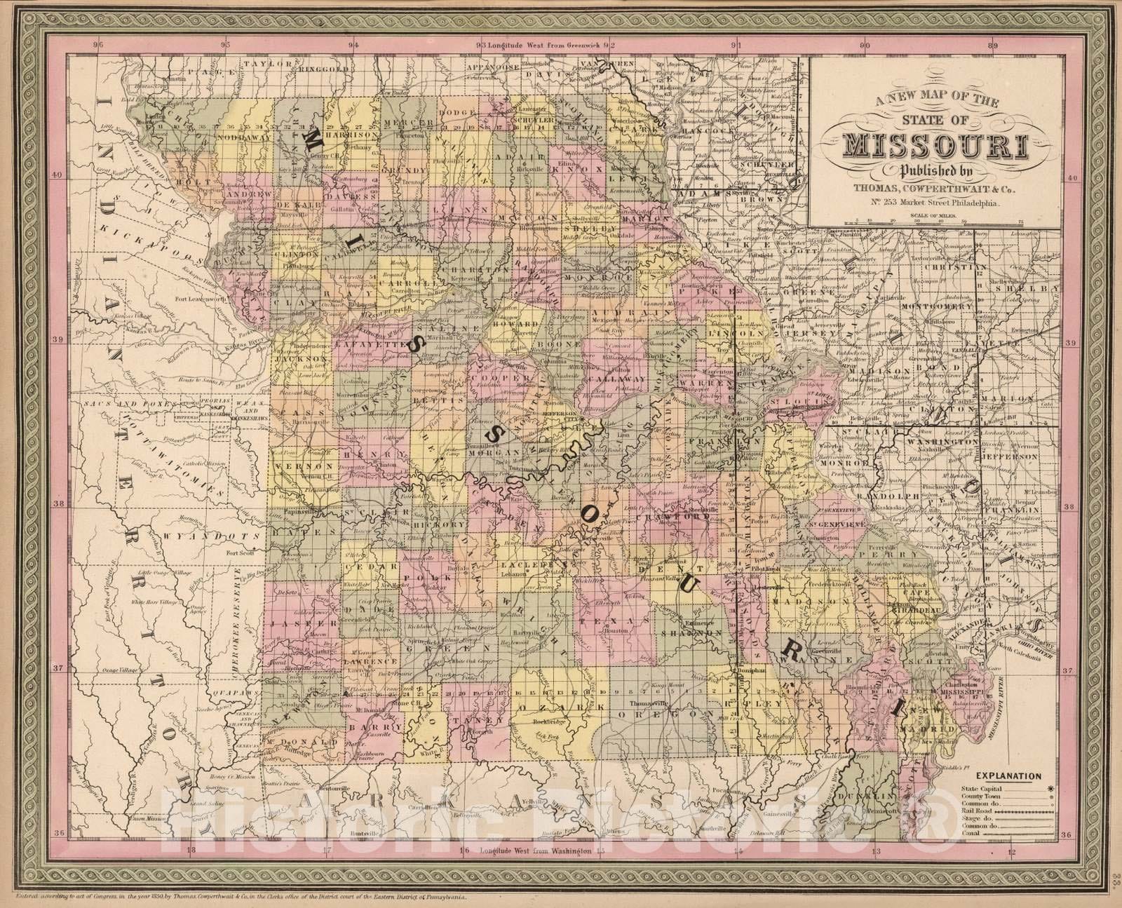 Missouri - Railroad Map, 1853 - Historical Map Print