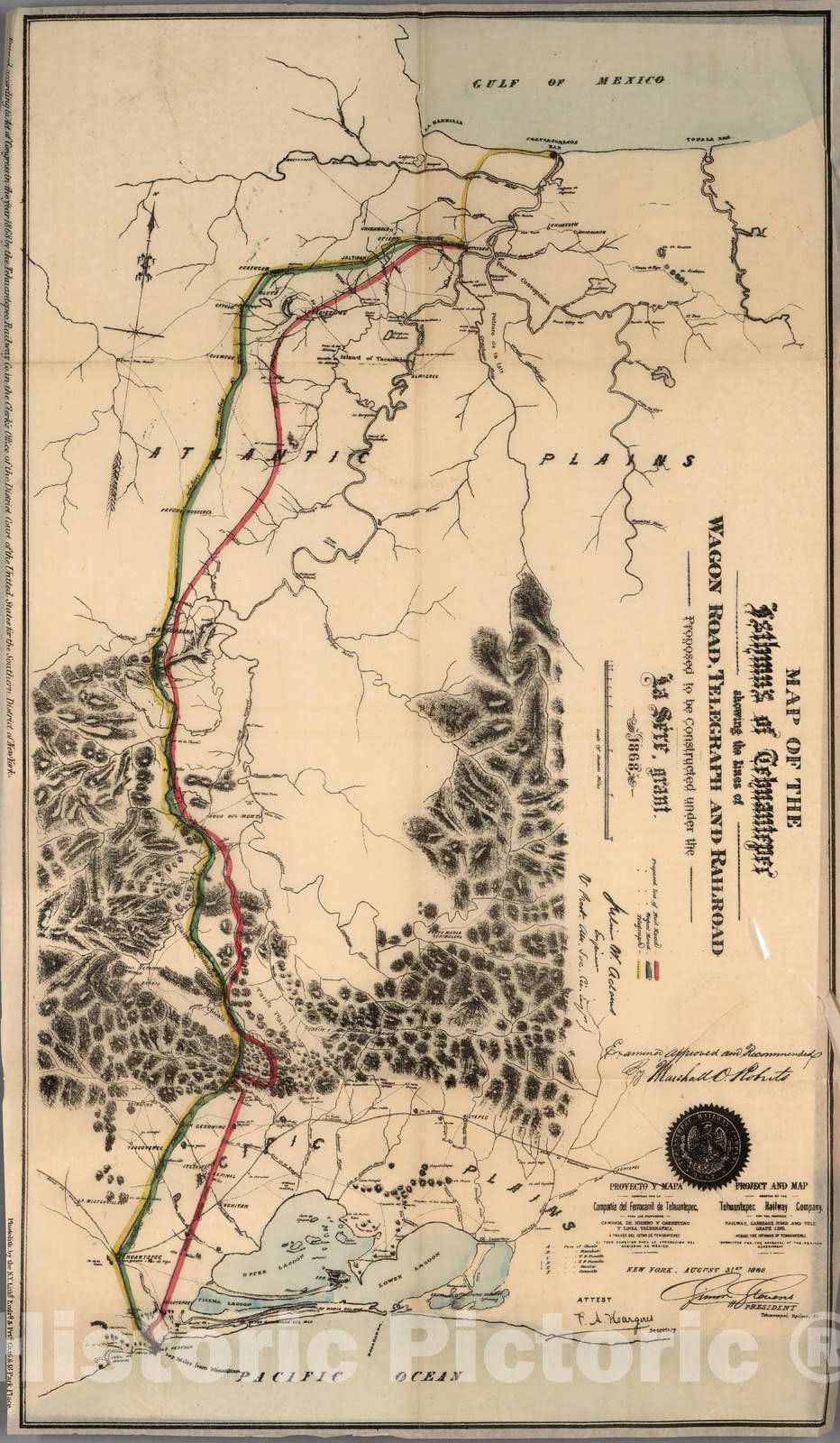 Historic Map : Survey Book - 1869 Map of The Isthmus of Tehuantepec: Showing The Lines of Wagon Road, Telegraph and Railroad - Vintage Wall Art