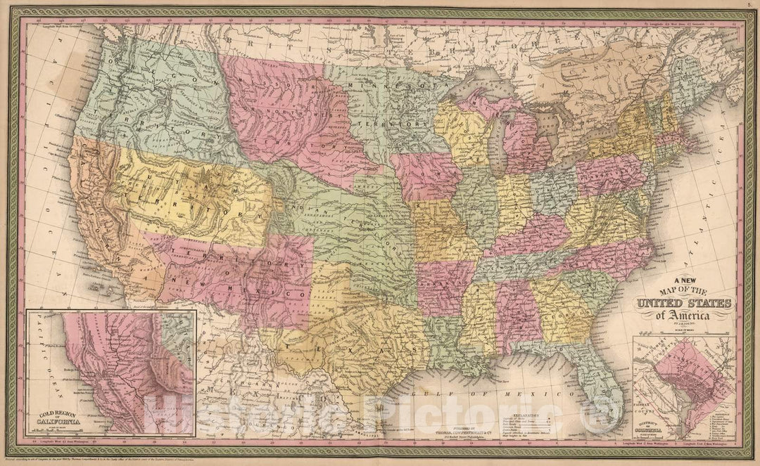 Historic Map : 1853 A New Map of The United States of America - Vintage Wall Art
