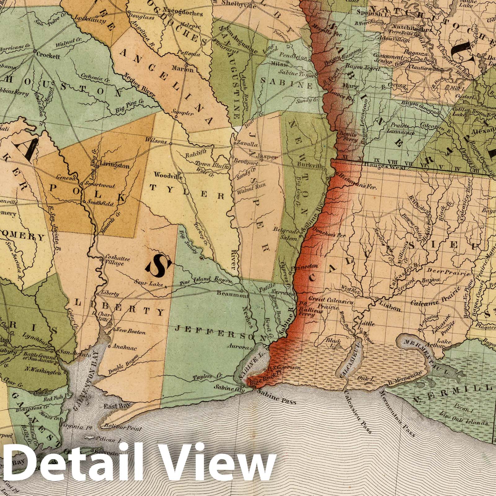 Texas and Louisiana, 1852 - Historical Map Print