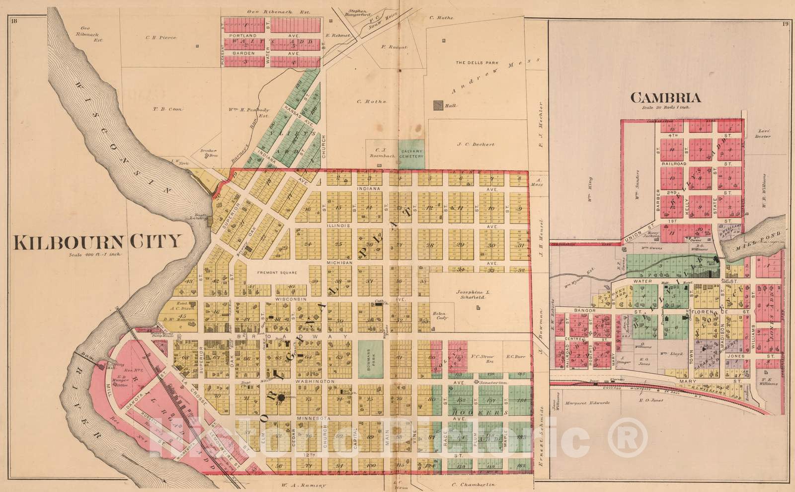 Historic Map : 1890 Kilbourn City and Cambria, Columbia County, Wisconsin. - Vintage Wall Art