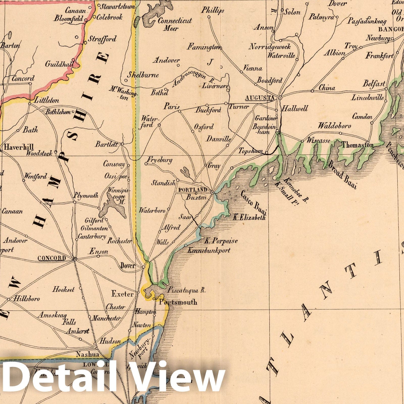 Maine, New Hampshire, Vermont, Massachusetts, Connecticut - Railroad Map, 1851