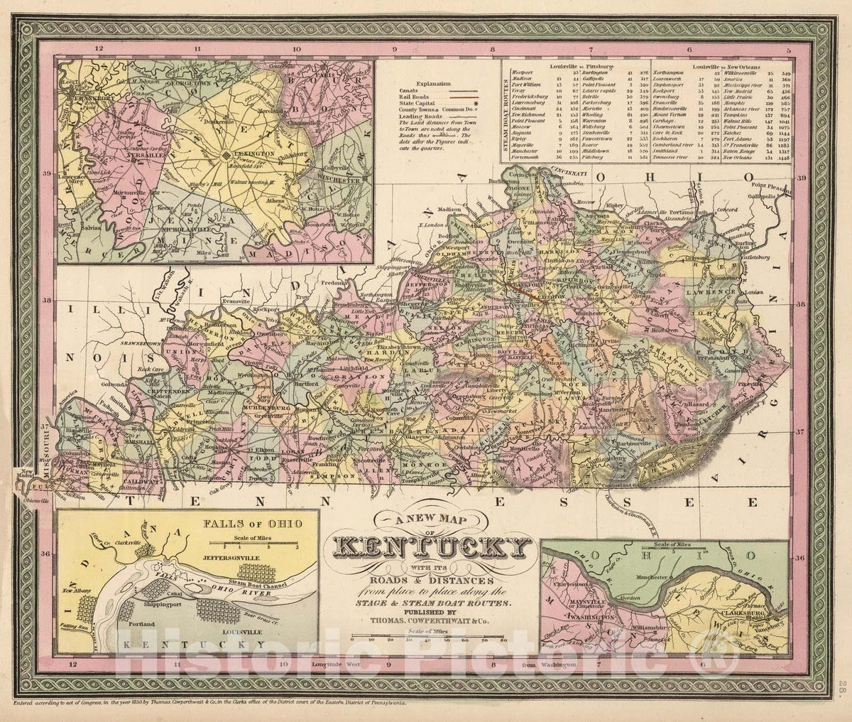 Historic Map : 1853 A New Map of Kentucky - Vintage Wall Art