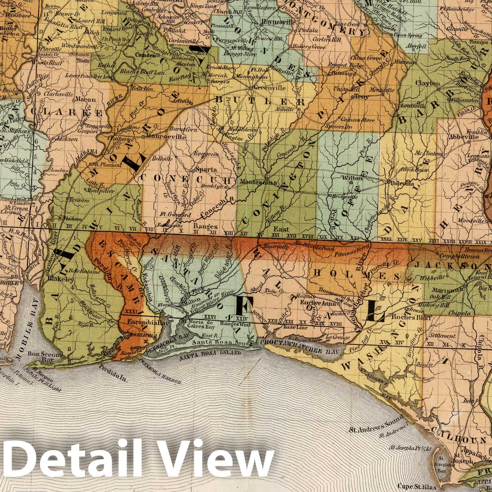 Mississippi, Alabama, Florida, Georgia 1852 Historical Map Print