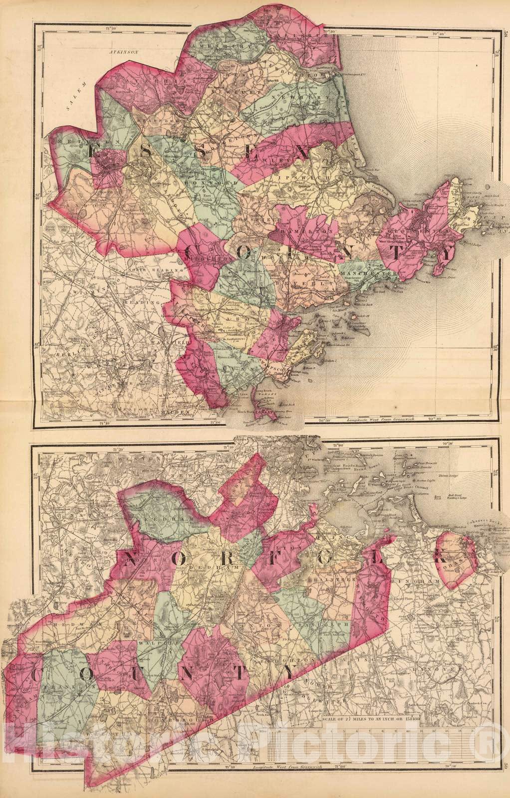 Historic Map : 1871 Essex & Norfolk Counties. - Vintage Wall Art